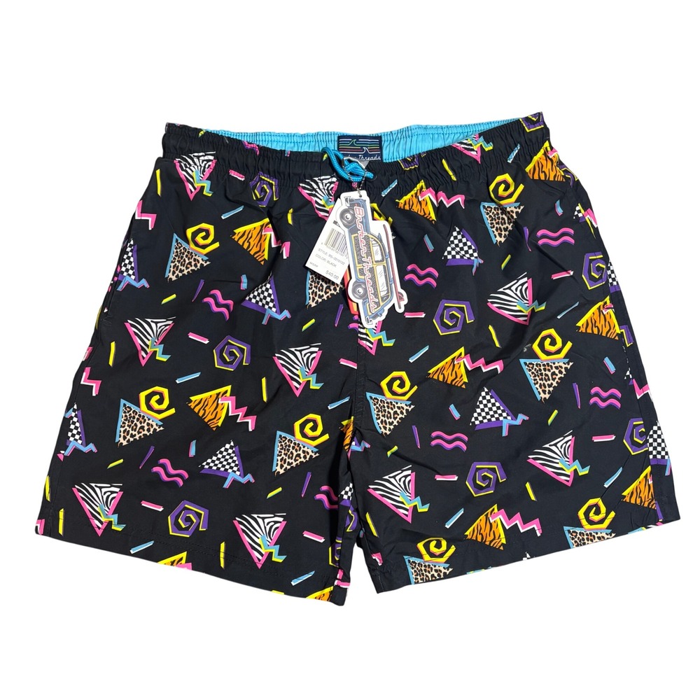 Broken Threads Swim Trunks Medium Black Retro 90s Geometric Neon‎ Print Shorts
